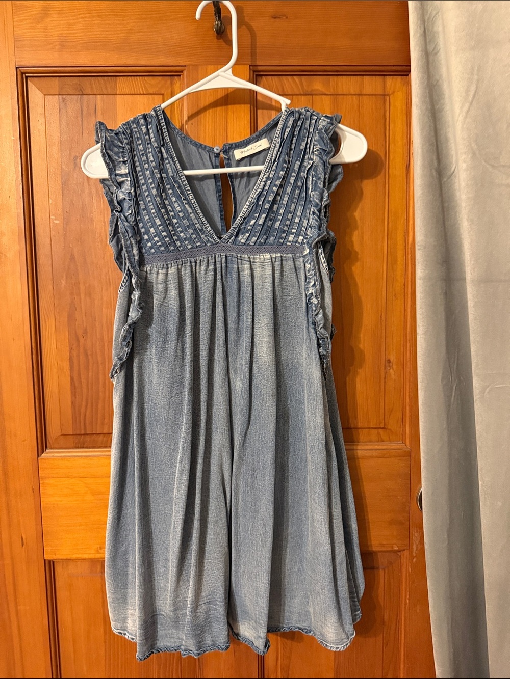 Sleeveless Chambray Ruffle V-Neck mini dress